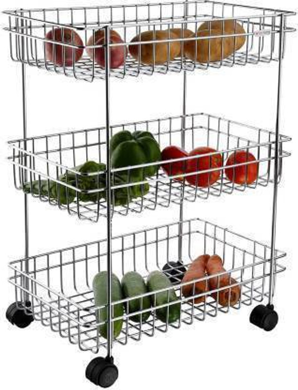 Paratpar Mart 3 Layer Fruit and Vegetable Stand/Basket/Trolley Modern Kitchen Storage Stainless Steel Kitchen Trolley(Pre-assembled)