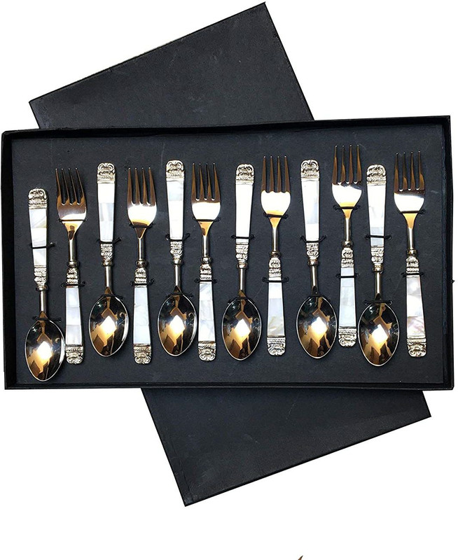Maverics Mother of Pearls Set of 6 Baby Spoon and 6 Baby Fork Brass Table Spoon Set(Pack of 12)