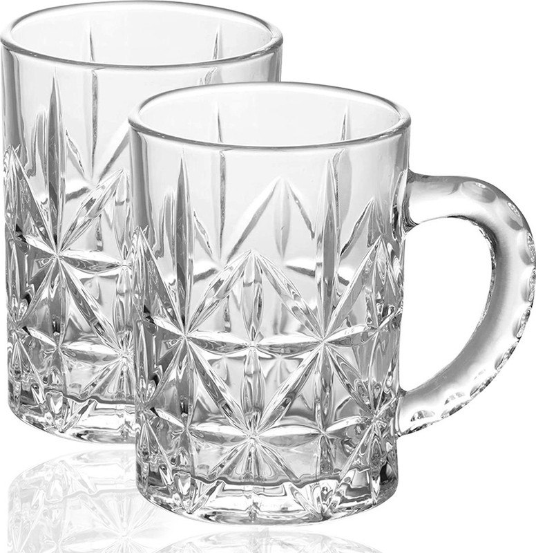 Crystalarc (Pack of 2) Set of 2 Stylish Elegant Classic Diamond Cut Transparent Beer Drinking Glass Mug 375ml With Handle Glass Set Beer Mug(375 ml, Glass, Clear)
