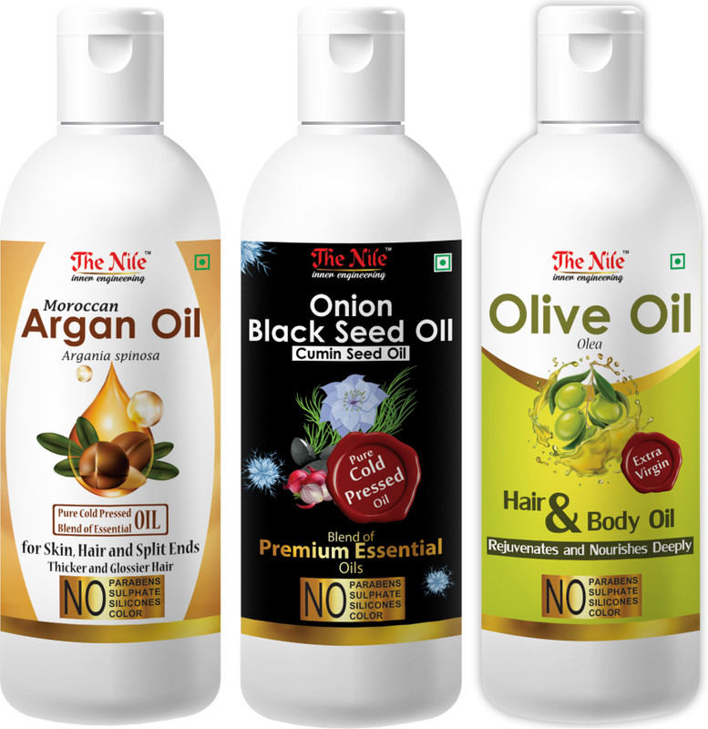 The Nile Moroccan Argan Hair Oil Pure Cold Pressed Blend of Essential Oil for Skin, Hair and Split Ends Thicker and Glossier Hair 100 ML + Onion Black Seed Hair Oil Preventing Hair Loss & Promoting Hair Growth Oil Oil 100 ML + 100 % Pure Olive Oil To Support Hair Regrowth and Body, Rejuvenates and N
