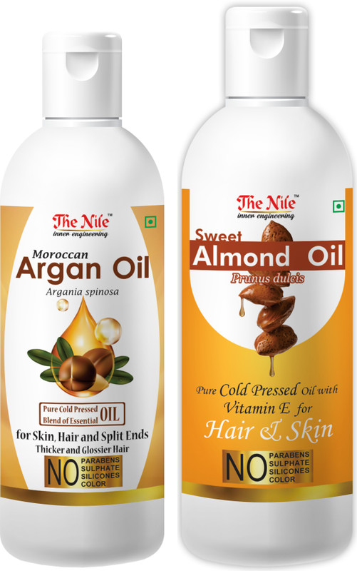 The Nile Moroccan Argan Hair Oil Pure Cold Pressed Blend of Essential Oil for Skin, Hair and Split Ends Thicker and Glossier Hair 100 ML + Pure Cold Pressed SWEET ALMOND OIL with Vitamin E for Hair Regrowth & Body Oil 150 ML (Combo Offer of 2 Bottle) (250 ML) Hair Oil(250 ml)