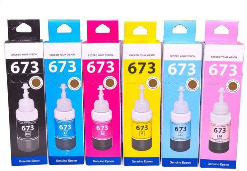 Teqbot 673 Refill Ink for Epsn L805 , L800 , L850 , L1800 Printer (C/M/Y/BK/LC/LM) Black + Tri Color Combo Pack Ink Bottle