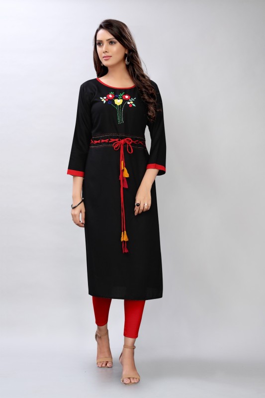 Aika Women Embroidered Straight Kurta(Black)