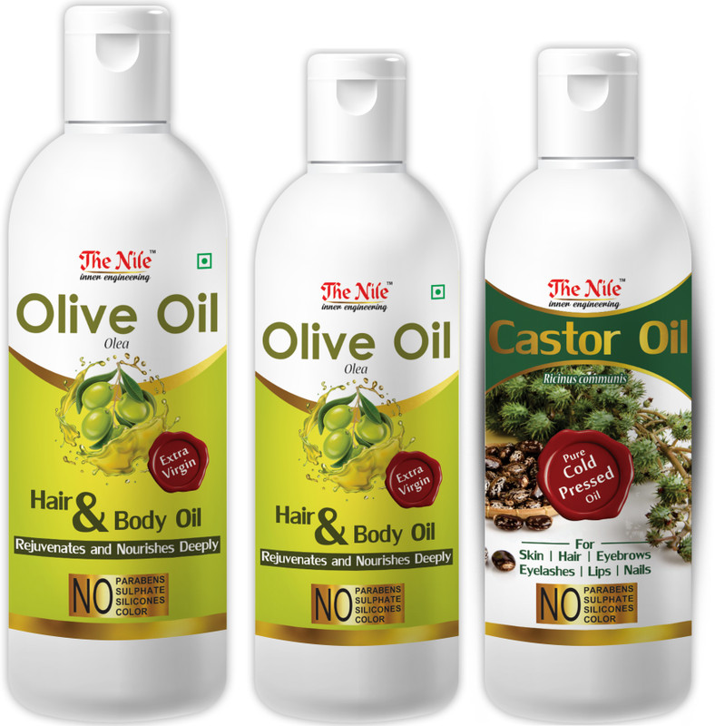 The Nile 100 % Pure Olive Oil To Support Hair Regrowth and Body, Rejuvenates and Nourishes Deeply 150 ML + 100 % Pure Olive Oil To Support Hair Regrowth and Body, Rejuvenates and Nourishes Deeply 100 ML + 100% Pure Castor Hair Oil, Cold Pressed, To Support Hair Growth 100 ML (Combo Offer of 3 Bottle
