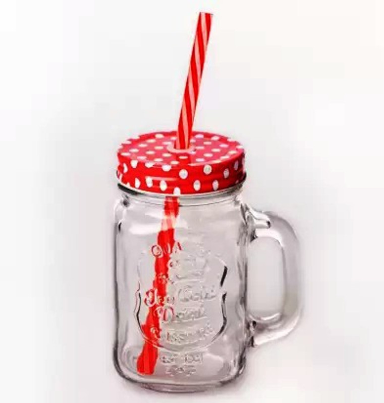 RK ONLINE SALES Jar Bottle with Handle, Colored Cap Lid & Straw for Juice Glass Mug (500 ml)(TRANSPARENT, Red)