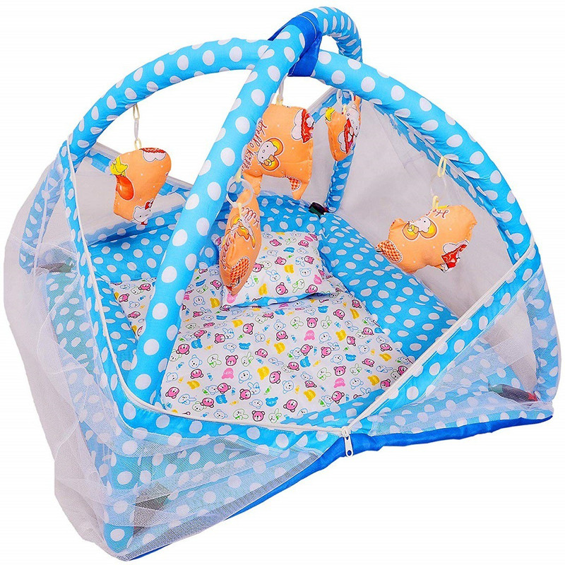 HARSHIKA ENTERPRISES New Born Baby Bedding Set Play Gym with Mosquito Net and Hanging Toys for Baby Boy's & Baby Girl's(0-9month) Polyester Washable Kids Mosquito Net(Blue, Tent)