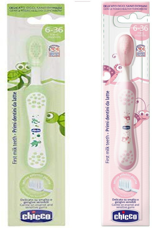 Chicco Toothbrush for milk teeth , Suitable for 6 -36 Month (Pack of 2 toothbrush) Green & pink Ultra Soft Toothbrush(Pack of 2)