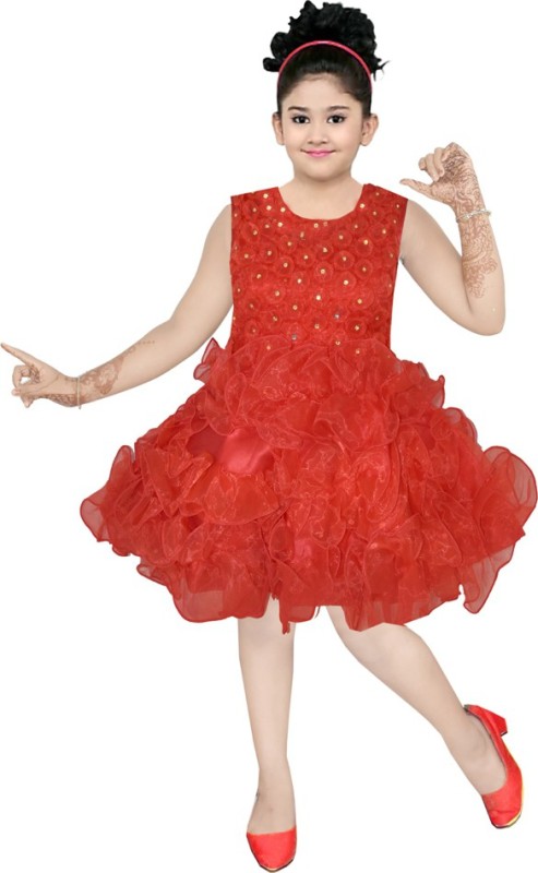 Maruf Girls Below Knee Party Dress(Red, Sleeveless)