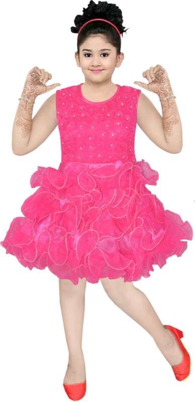 Maruf Girls Below Knee Party Dress(Pink, Sleeveless)