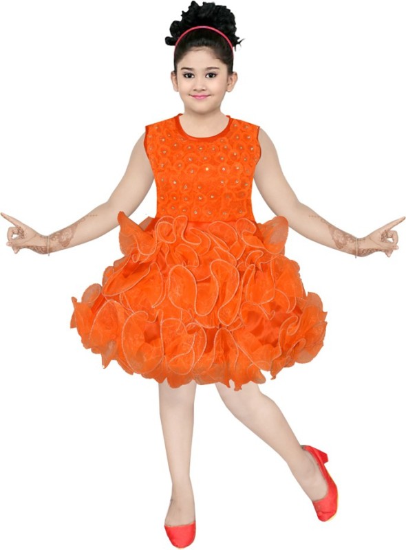 Maruf Girls Below Knee Party Dress(Orange, Sleeveless)