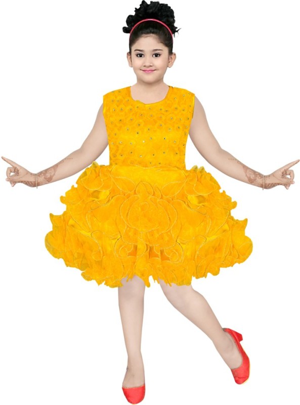 Maruf Girls Below Knee Party Dress(Yellow, Sleeveless)