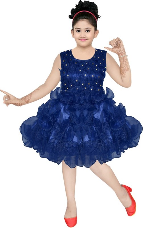 Maruf Girls Below Knee Party Dress(Blue, Sleeveless)