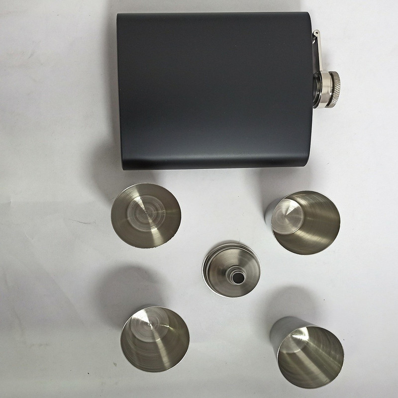 Protos India.Net 8oz Black Matt Hip Flask + 4 shot glasses + Funnel Bar set Stainless Steel Hip Flask(236 ml)