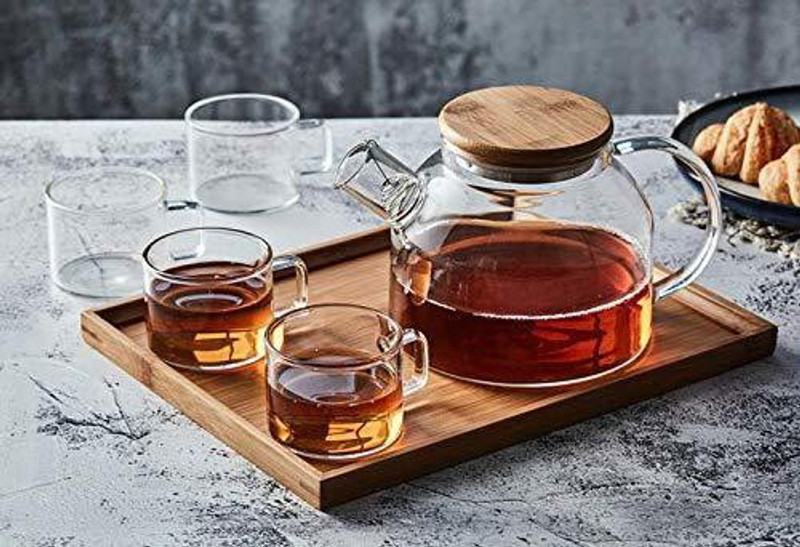 baluda Glass Tea Pot Kettle Stainless Steel Lid Pitcher Heat-Resistant Glass Hot Water Carafe 1 Teapot, 4 Mugs and 1 Wooden Tray Transparent. Jug Glass Tray Set(glass, steel, wood)