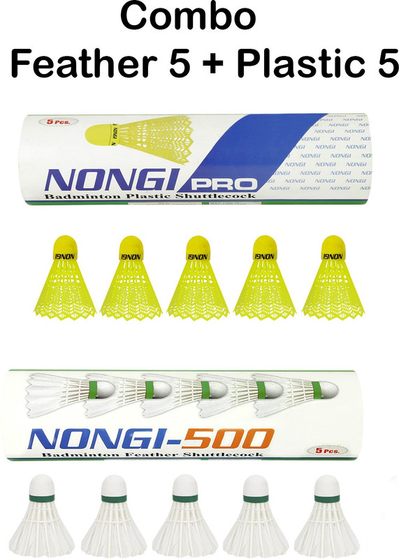 Nongi 500XL combo Feather and Plastic Shuttle - Yellow(Medium, 77, Pack of 15)