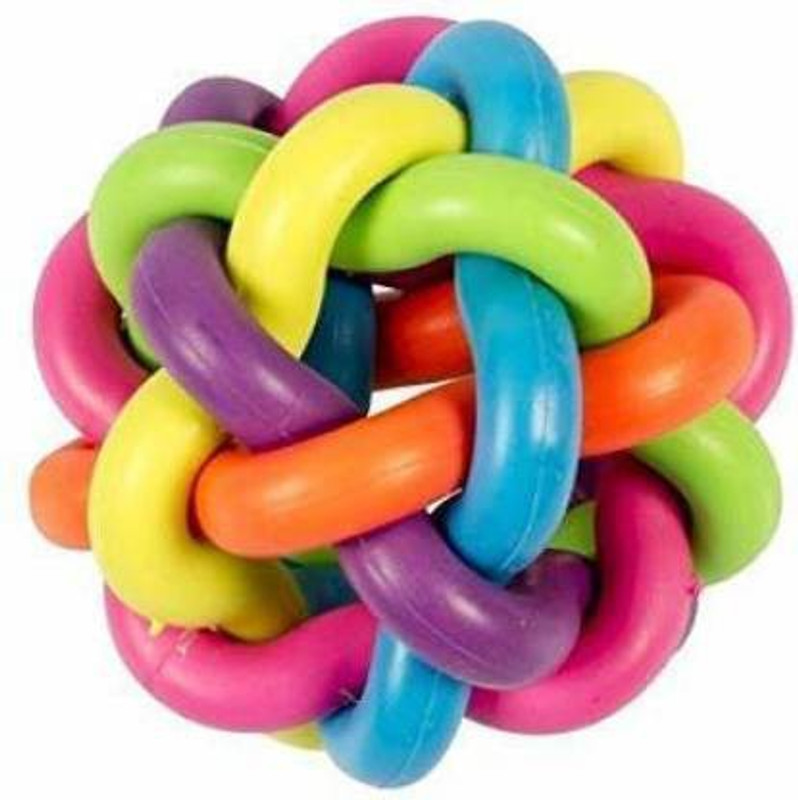 OM ZEE Cat Chew Knot Ball Woven Braided Rainbow Bouncy Rubber Toy with Jingle Bell Inside for Pet Training and Teeth Cleaning Rubber Chew Toy For Dog & Cat