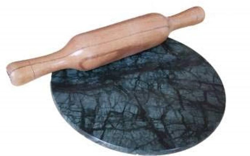 DUBE Natural Green Dhari Marble Chakla with Wooden Belan Rolling Pin & Board Rolling Pin & Board(Black, Brown, Pack of 2)