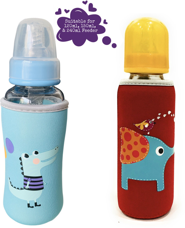 The Little Lookers Cute Animated Patterned Soft Stretchable Baby Feeding Bottle Cover with Easy to Hold Strap for 120ml, 150ml, 240ml (Dinosaur & Elephant, Pack of 2)(Blue, Red)
