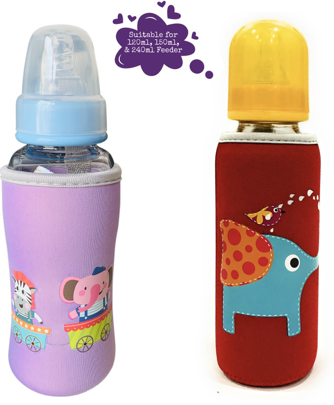 The Little Lookers Cute Animated Patterned Soft Stretchable Baby Feeding Bottle Cover with Easy to Hold Strap for 120ml, 150ml, 240ml (Elephant & Zebra, Pack of 2)(Red, Pink)