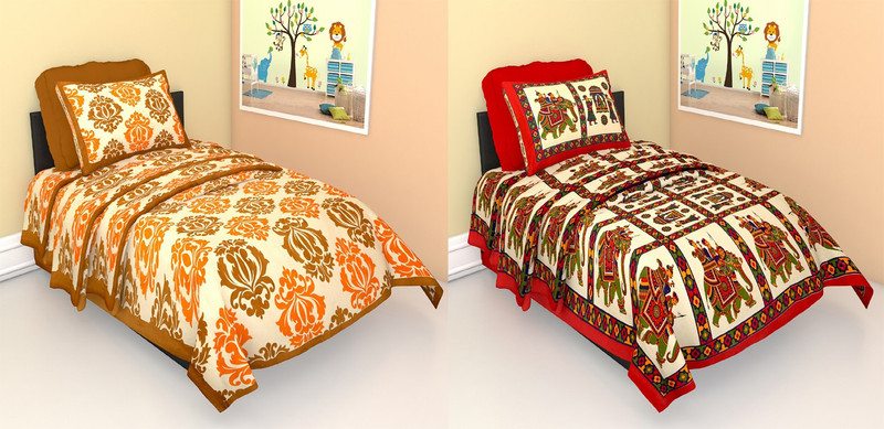 RIYA FABRICS Cotton Single Flat 140 TC Jaipuri Prints 2 Bedsheets with 4 Pillow Covers(Yellow, Red)