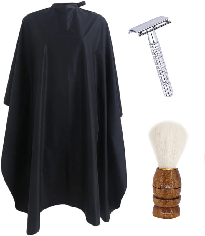 shri kanth art Combo Of Hair Cutting Apron Cape (Black), Safety Razor (Silver), and Brush (Brown) Set of 3(3 Items in the set)