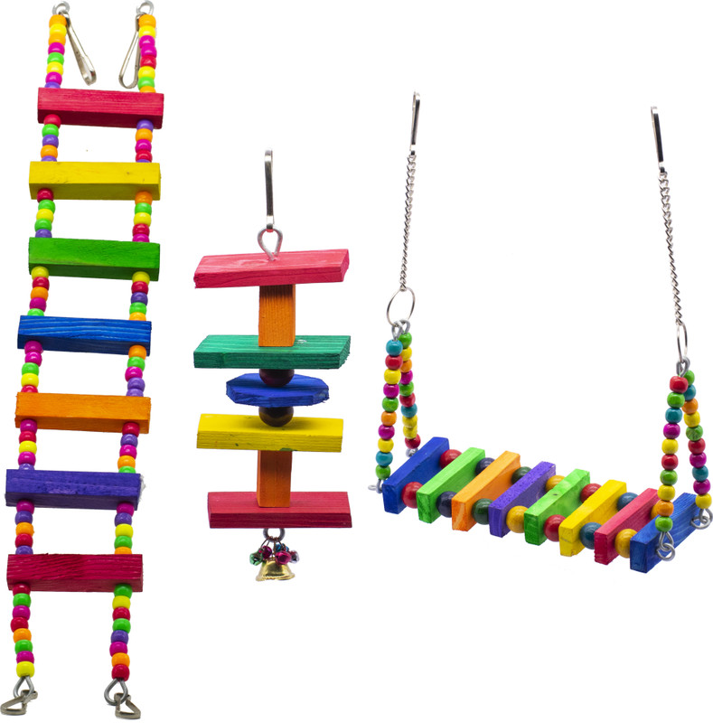 GREENBIRDS TOYS Combo Of Colorful, Playful & Interactive Wooden Bird Ladder & Natural Mesh Hanging Parrot Toys Cage Accessories Resting Toy Pet Perch Bird Toy Wooden Training Aid For Bird & Parrots Wooden Chew Toy, Training Aid, Perch For Bird