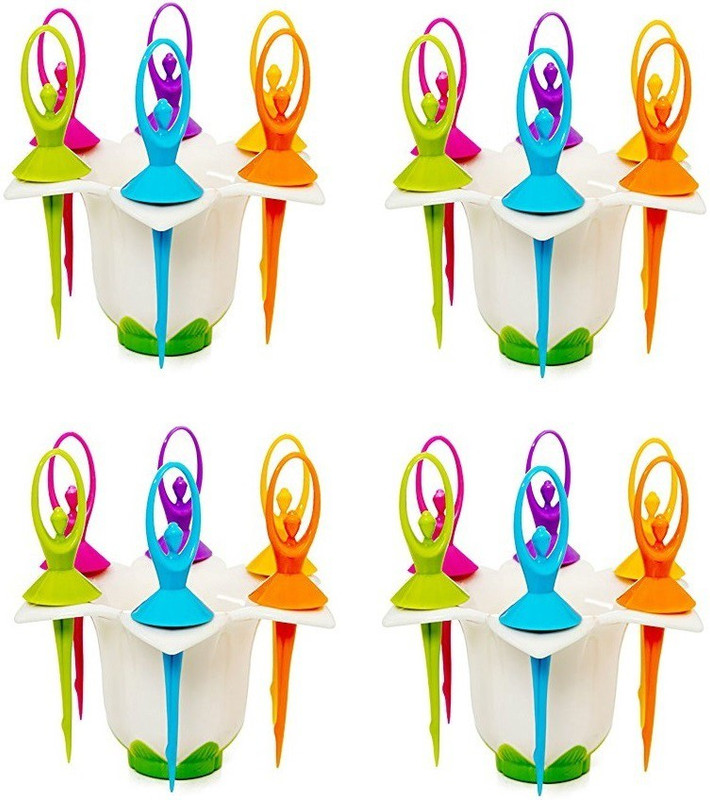 MOUNTHILLS Plastic Dancing Doll Fruit Fork Set With Stand, 6 PCS Fork Spoon Set in Each Stand (Multicolor, Pack Of 1) Disposable Plastic Serving Fork(Pack of 1)