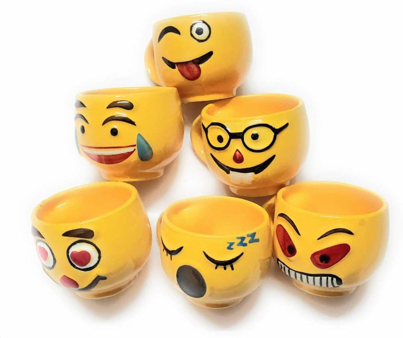 RAGHAV EMPORIUM Pack of 6 Ceramic Pack of 6 Ceramic SMILE YFACE CUPS EMOJI STYLE CUP (Yellow)(Multicolor, Cup Set)