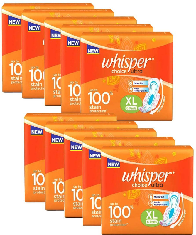 Whisper Choice Ultra 100% stain protection (60 Pads) Sanitary Pad(Pack of 10)