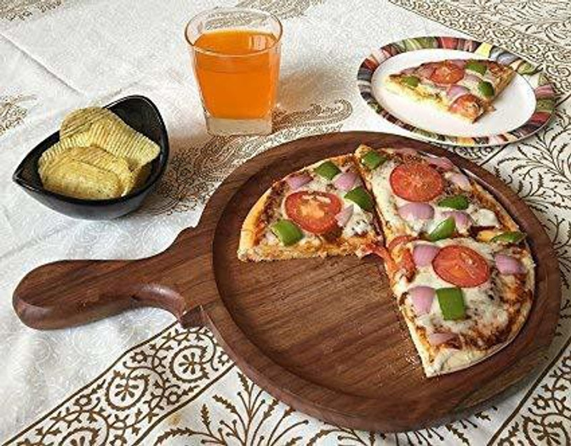 CRAFTENIA Wooden serving Platter for Pizza and snacks / Sheesham wood Tray for multipurpose use / Rosewood kitchen utensils tools / Size : 10x14 inch Pizza Tray (Pizza Tray) Wooden Cutting Board(Dishwasher Safe)