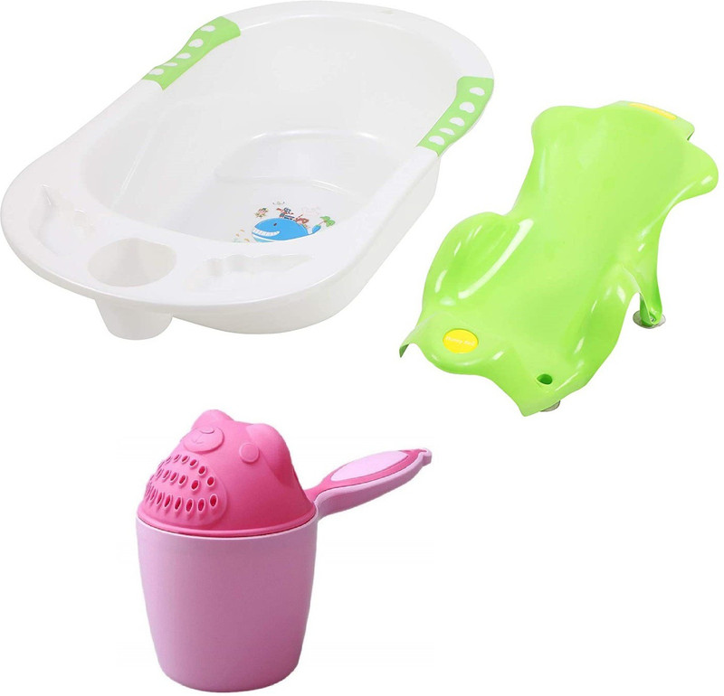 Maanit Baby Bather Set- Bath Tub with Toddler Sling Seat and Shampoo Mug(Green)