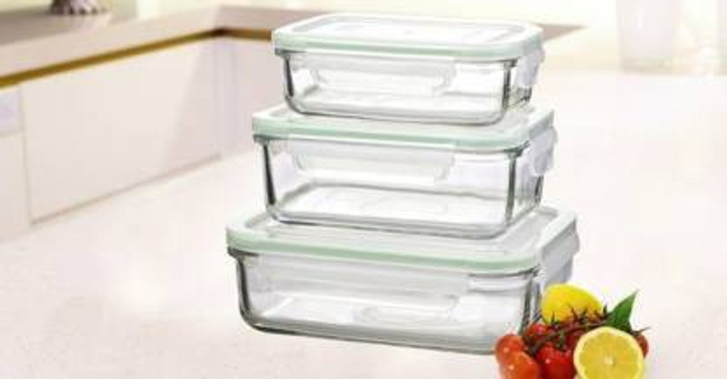 EVIQE STORE Glass Bowl with plastic cover and airtight cap - 1000 ml, 750 ml, 500 ml Glass Fridge Container (Pack of 3, Clear) 3 Containers Glass, Plastic Office Lunch Box(2000 ml)