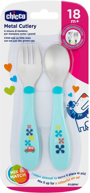 Chicco Metal Cutlery 18M+ Boy/Neutral  - Plastic(Blue, White)