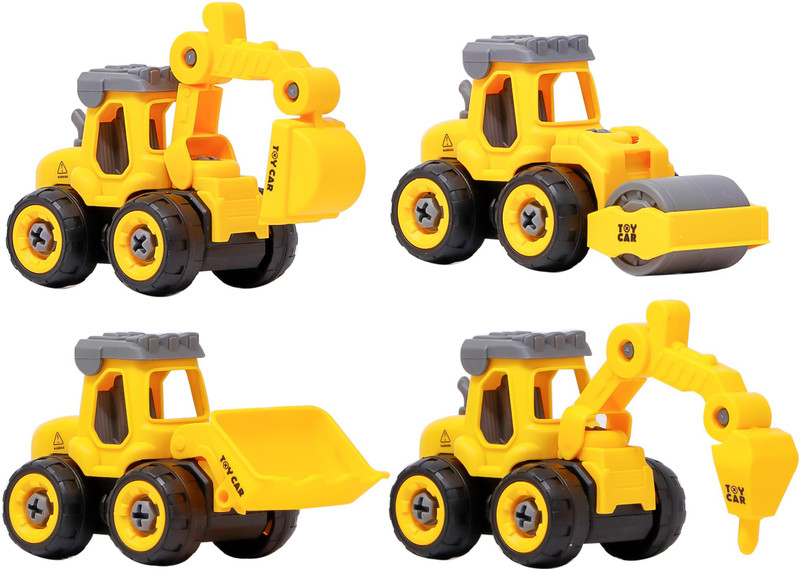 FIDDLERZ 4 Pcs DIY Bulldozer Toy Truck - 100% Brand New (2020 Model) Construction Vehicles for Kids Gifts - Bulldozer Toys for Boys(Yellow, Pack of: 4)