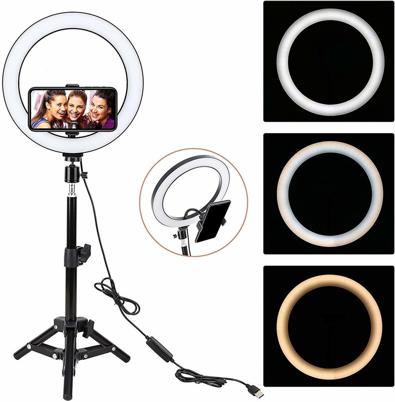 Wrapo Portable LED Light Tripod Stand Live Selfie Holder USB Plug 10 Inch Fill Light Ring Flash(Black)