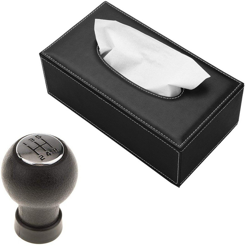 Uniqon Combo Of Car Interior Decoration Eco-Friendly Paper Napkin Refillable Rectangular Shape Leather Finish Tissue Dispenser Handcrafted Organizer Box Holder And Rubber 5 Speed Manual Gear Knob Shifter Handball Head For Maruti Suzuki Swift And Swift Dzire Combo