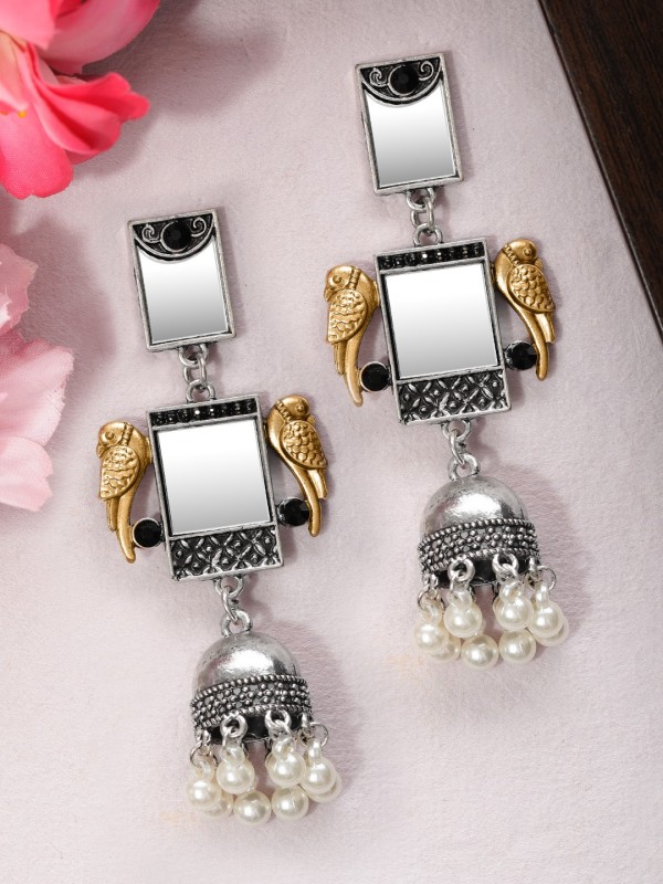 Rubans Rubans Silver Plated Oxidised Handcrafted Mirror Jhumka Earrings Alloy Jhumki Earring