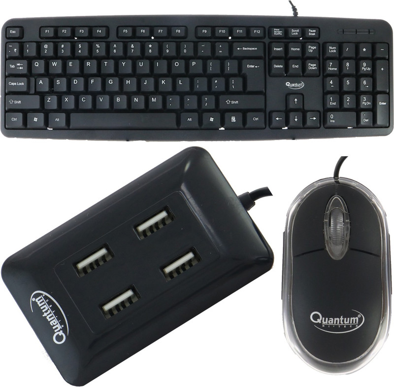 QUANTUM QHM 7403/222/6660 Wired USB Mouse, Keyboard & USB 4 Port Hub Combo Set Combo Set Designed for Gaming(Black)