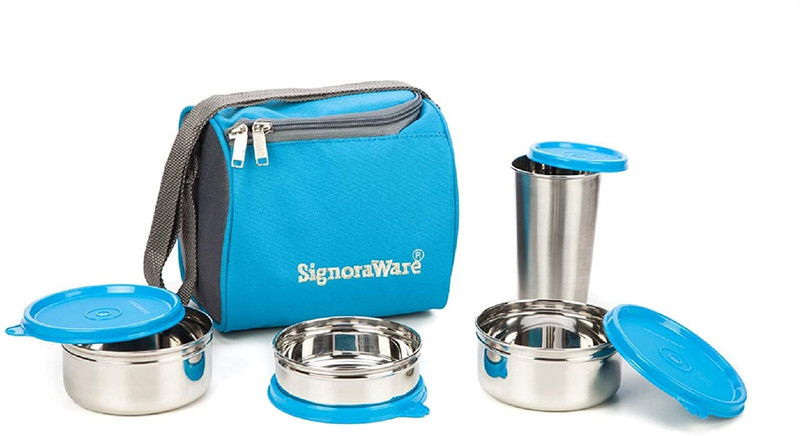 Signoraware 3512 Best Stainless Steel Lunch Box, Blue (500 Ml+350 Ml+200 Ml) | with Steel Tumbler 370 Ml,(Colour May Vary ) 4 Containers Stainless Steel Office Lunch Box(1510 ml)