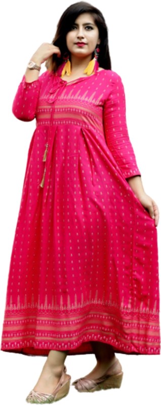 kunjal Women Floral Print Gown Kurta(Pink)
