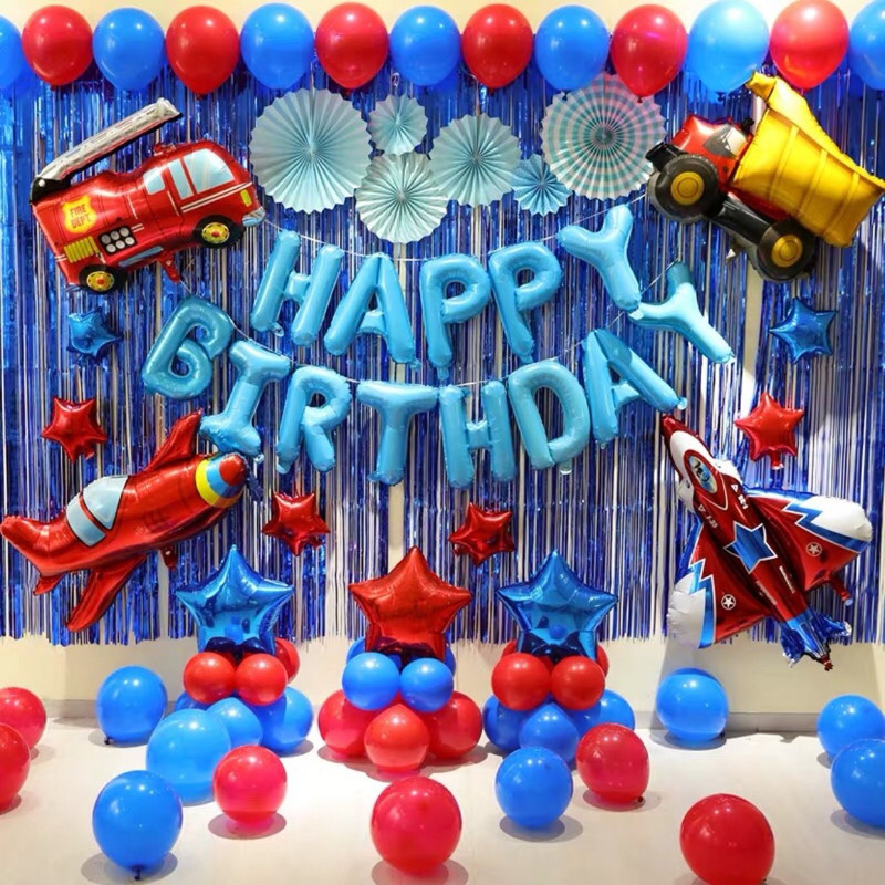 Anayatech car and plain birthday combo-1 happy birthday foil balloon,2 blue curtain,2 car foil balloon,2 aeroplane foil balloon,1 red star,1 blue star,20 red and blue balloon(pack of 41)(Set of 41)