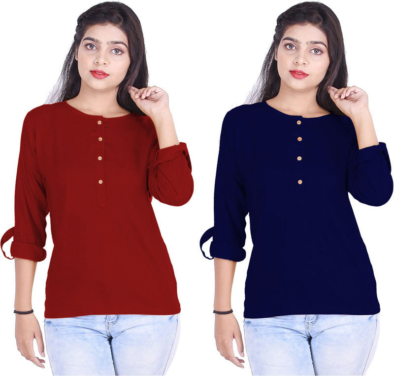 KURTI WORLD Casual Roll-up Sleeve Solid Women Maroon, Dark Blue Top KURTI WORLD Casual Roll-up Sleeve Solid Women Maroon, Dark Blue Top