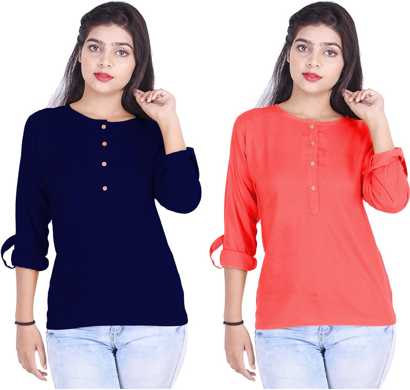 VESHBHUSHA Casual Roll-up Sleeve Solid Women Dark Blue, Red Top VESHBHUSHA Casual Roll-up Sleeve Solid Women Dark Blue, Red Top