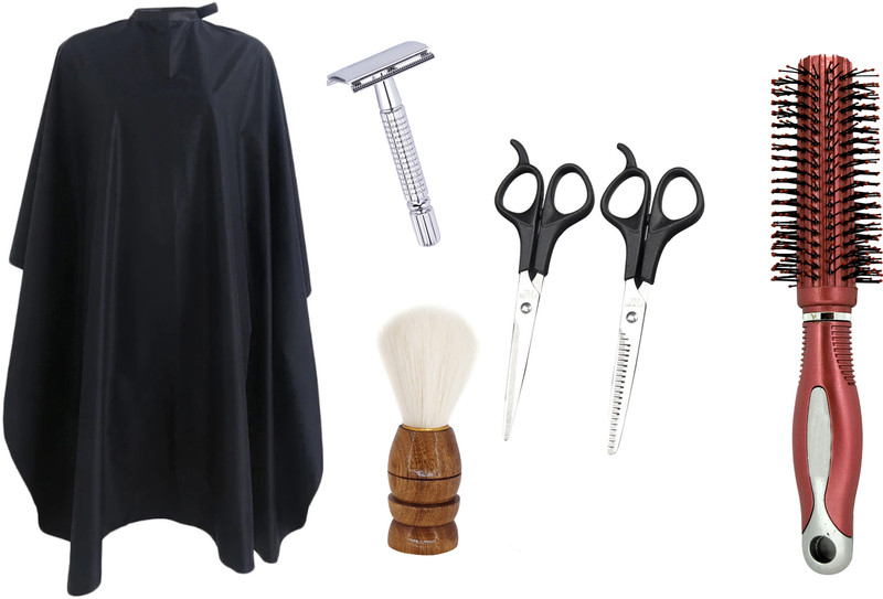 Angel Infinite Combo Of Hair Cutting Apron Cape (Printed), Straight Razor (Red), Paddle Hair Brush and Shaving Brush Set of 4(4 Items in the set)