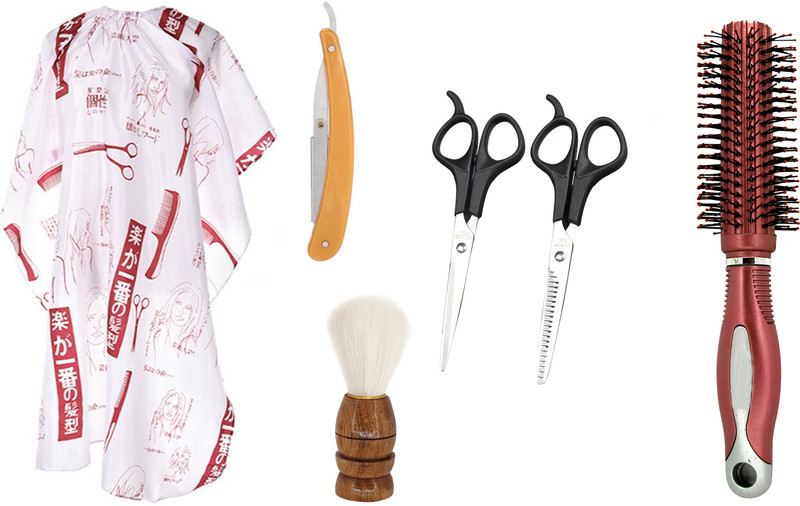 Angel Infinite Combo Of Hair Cutting Apron Cape (White), Safety Razor (Silver), Scissors (Black), Round Hair Brush and Shaving Brush Set of 6(6 Items in the set)