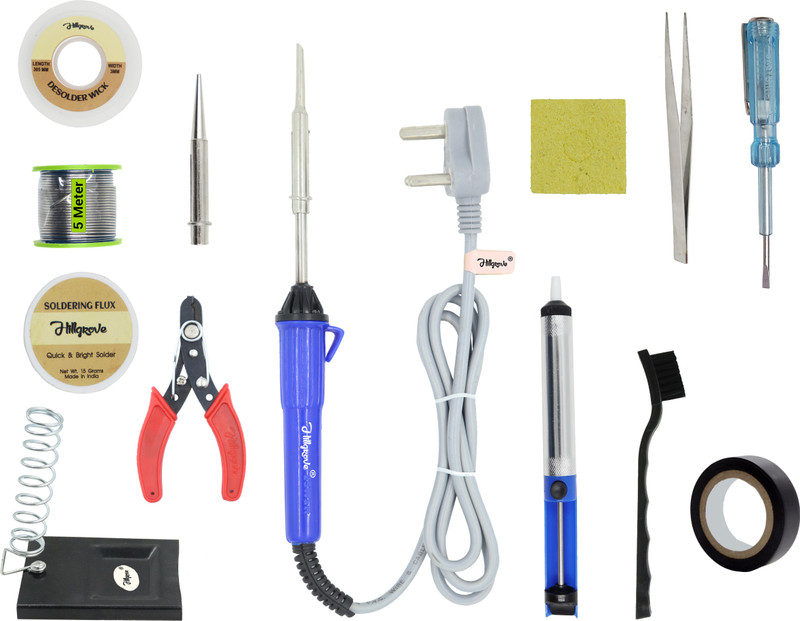 Hillgrove 13in1 Basic Complete 25W Soldering Iron Kit with 5 Meter Solder Wire, ESD Brush, Scrub, Pump, Cutter, Tester, Tweezer, Tape, Bit, Flux 25 W Simple(Flat, Pointed Tip)