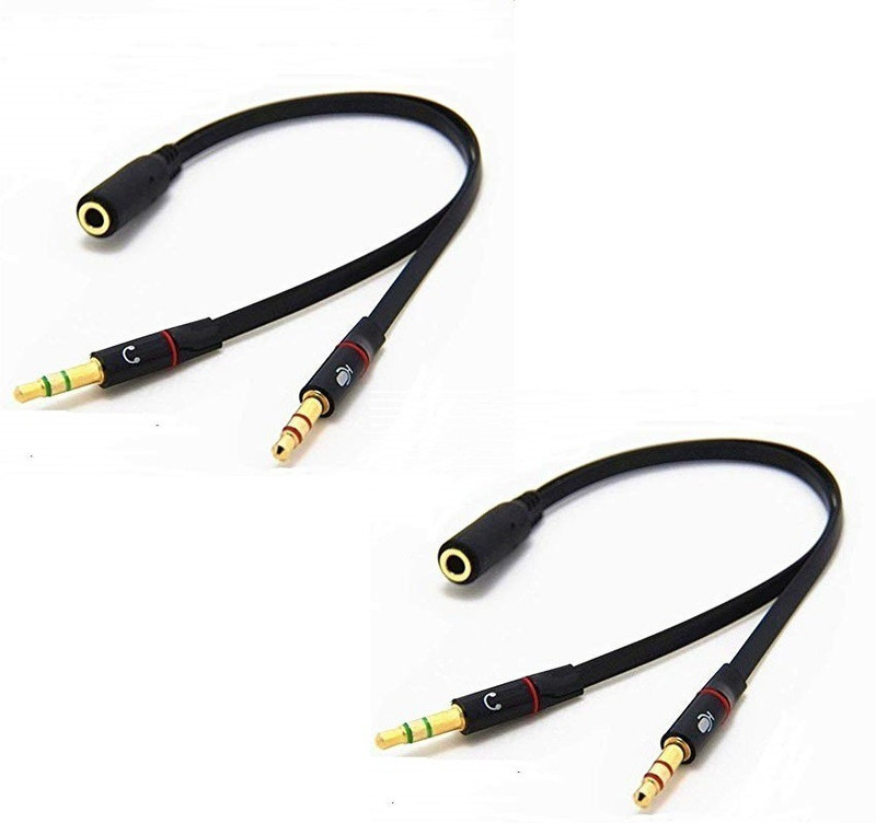 Stylewell Black Set Of 2 Pcs Female Stereo to 3.5mm Aux Stereo Male Jack Connector Headphone Splitter with Mic Metal Adapter with Flat Wire Compatible with Mobile, Laptop, Tablet, Mp3 and Gaming Device Phone Converter(Android)