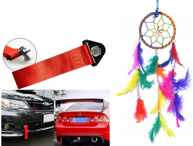 Uniqon Combo Ring Handmade Beaded Down & Feather-Fill Dream Catcher For Car, Room Wall Hanging, Balcony Wool Wind-Chime Decorative Showpiece Ornament And Universal Racing Sports Style Tow/Towing Hole Strap Hook Show Belt For Front/Rear Bumper High Strength Trailer Short Loop Set Kit With Bumper Hook
