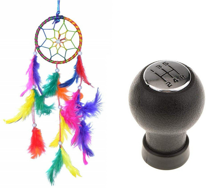 BIGWHEEL Combo Ring Handmade Beaded Down & Feather-Fill Dream Catcher For Car, Room Wall Hanging, Balcony Wool Wind-Chime Decorative Showpiece Ornament And Rubber 5 Speed Manual Gear Knob Shifter Handball Head For Maruti Suzuki Swift And Swift Dzire Combo