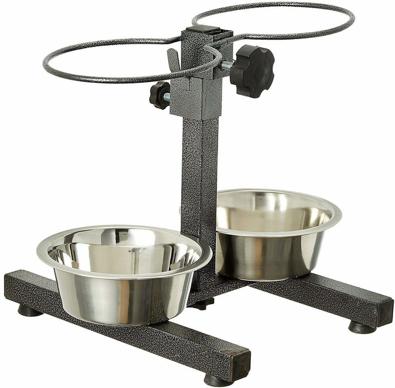 Rvpaws Adjustable Feeding Stand U Type with 2 Stainless Steel Dog Water Bowls Round Stainless Steel Pet Bowl(500 ml Silver)